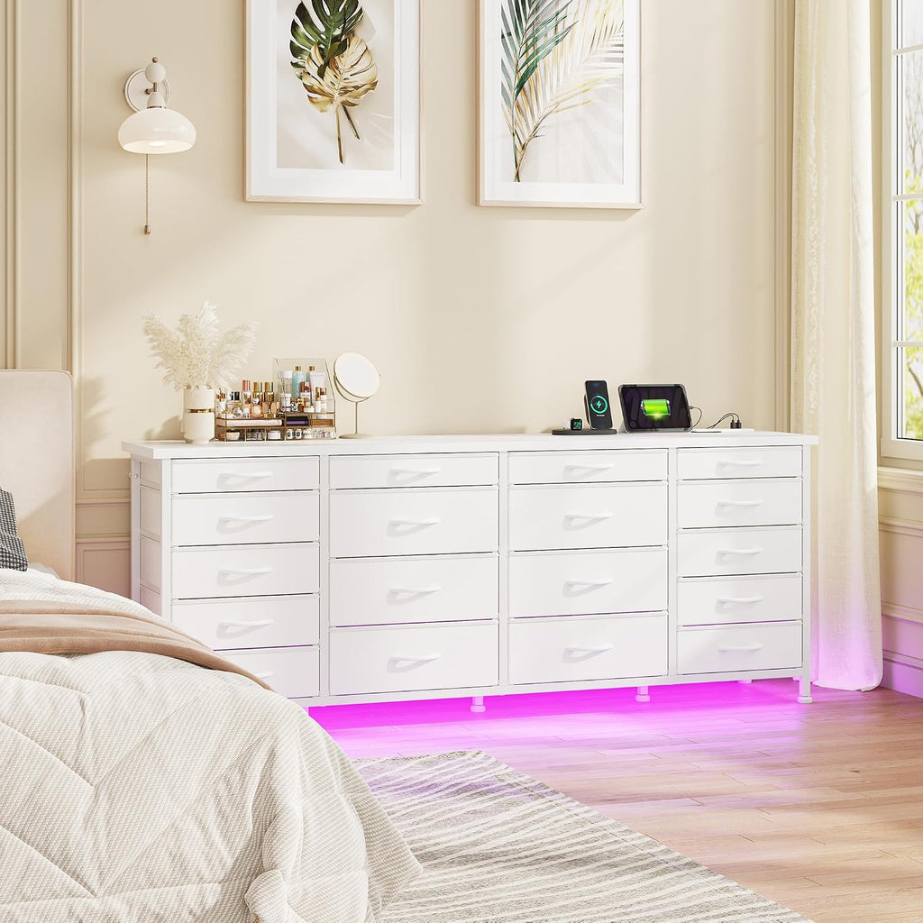 63'W TV Stand for Bedroom with LED Light & Power Outlets, Long White Dresser for Bedroom with 18 Deep Drawers for 65 70 75 inch TV, Fabric Dresser TV Stands for Living Room Entryway Hallway Closet