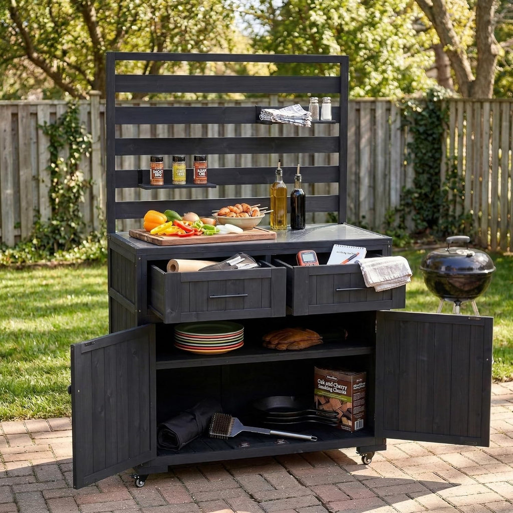 Merax 41.7'' W Patio Kitchen Island Solid Wood Kitchen Cart, Grill Prep BBQ Table, Garden Potting Bench with Stainless Table Top, 3 Movable Shelves and 2 Drawers,Black