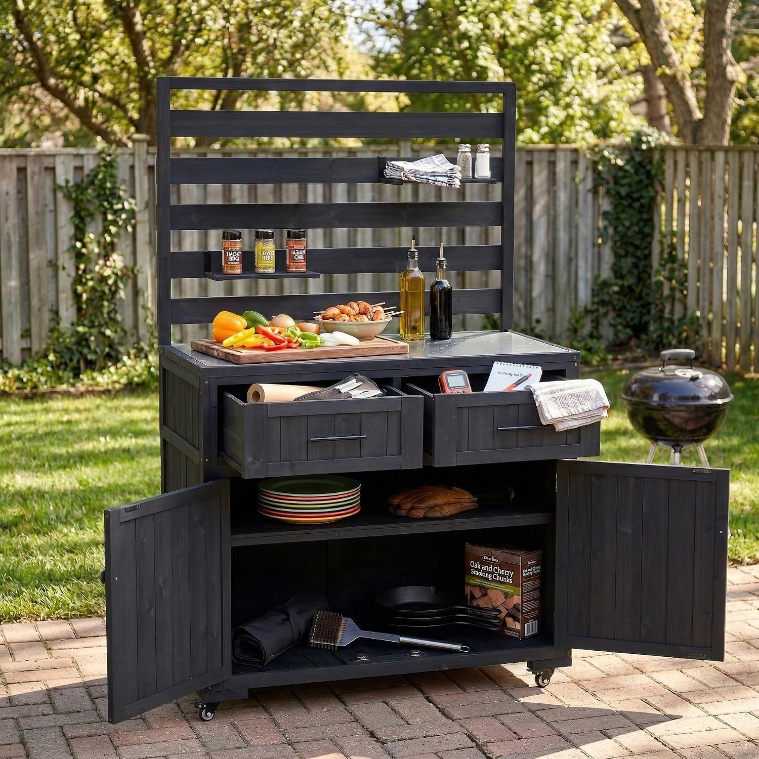 Solid Wood Grill Prep BBQ Table,Garden Potting Bench with Stainless Table Top,3 Movable Shelves and 2 Drawers (Black-LP)