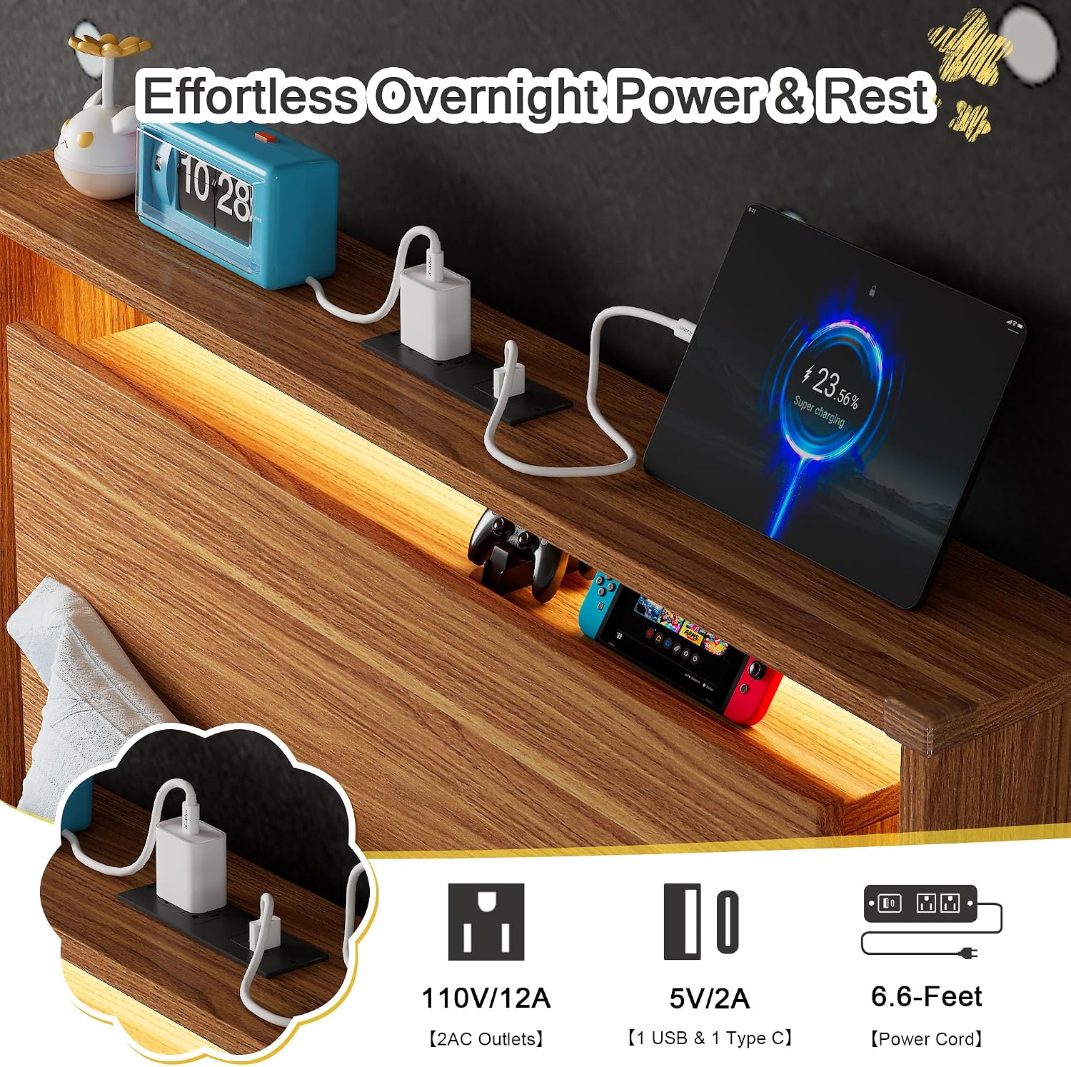 Einhomn Twin Bed Frame with Storage Headboard & LED Lights – Wood Floating Bed Frame with Charging Station, Non-Slip Slat, Kick-Free & Noise-Free Design, Easy Assembly, Walnut