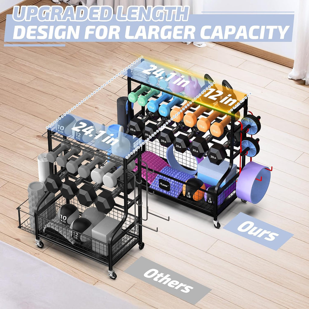 PLKOW Dumbbell Rack, Weight Rack for Dumbbells, Home Gym Storage for Dumbbells Kettlebells Yoga Mat and Balls, All in One Workout Storage with Wheels and Hooks, Powder Coated Finish Steel