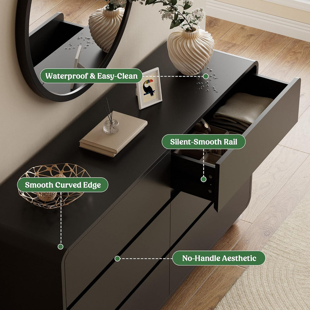 Lulive Wood Dresser for Bedroom, 53' Wide Chest of Drawers with 6 Drawers, Modern Closet Storage Drawer with Curved Profile Design for Living Room, Hallway, Entryway, Black
