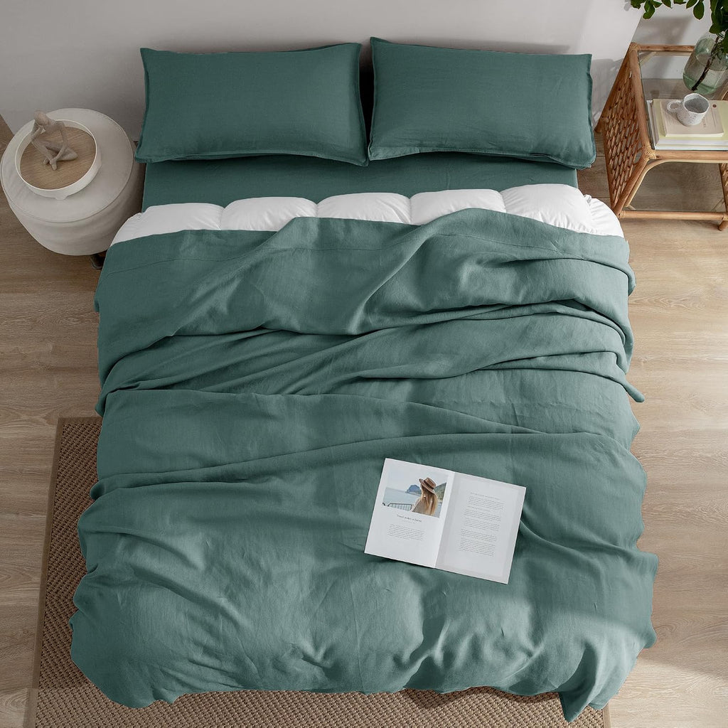 EVERLY Linen Sheets Set Full Size,100% French Stonewash Pure Linen Bed Sheets,4Pieces (1Flat Sheet,1Fitted Sheet,2Pillowcase) Suitable for Hot Sleepers,Deep Pocket Natural Bedding Set-Aqua