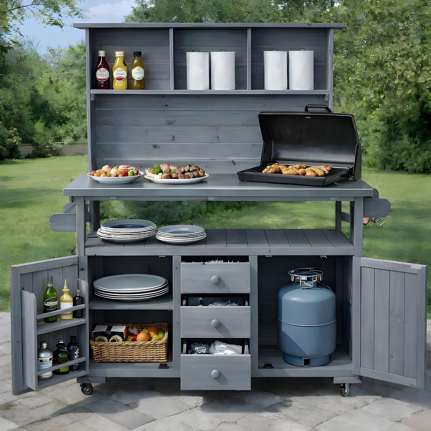 Outdoor Potting Bench Table with Wheels, Wood Garden Workstation with Stainless Steel Top, Side Hooks, Storage Drawers and Cabinets, Farmhouse Potting Table for Outside, Patio, Backyard,Grey