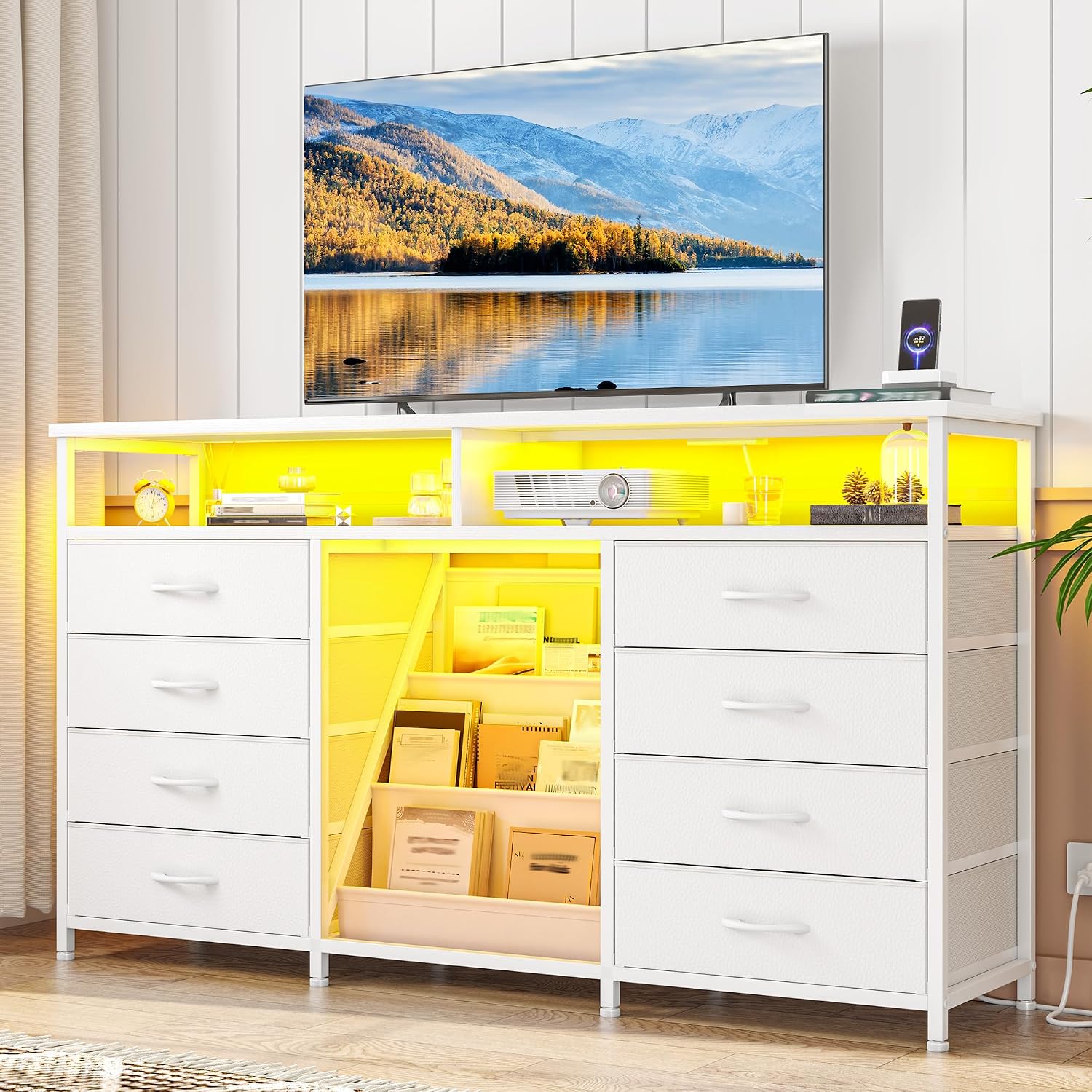 EnHomee 55 ' W Dresser for Bedroom with Bookrack & 8 Fabric Drawers, Dresser TV Stand with Power Outlet & LED Lights for 65 Inch TV, Chest of Drawers for Cabinet, Entryway, White