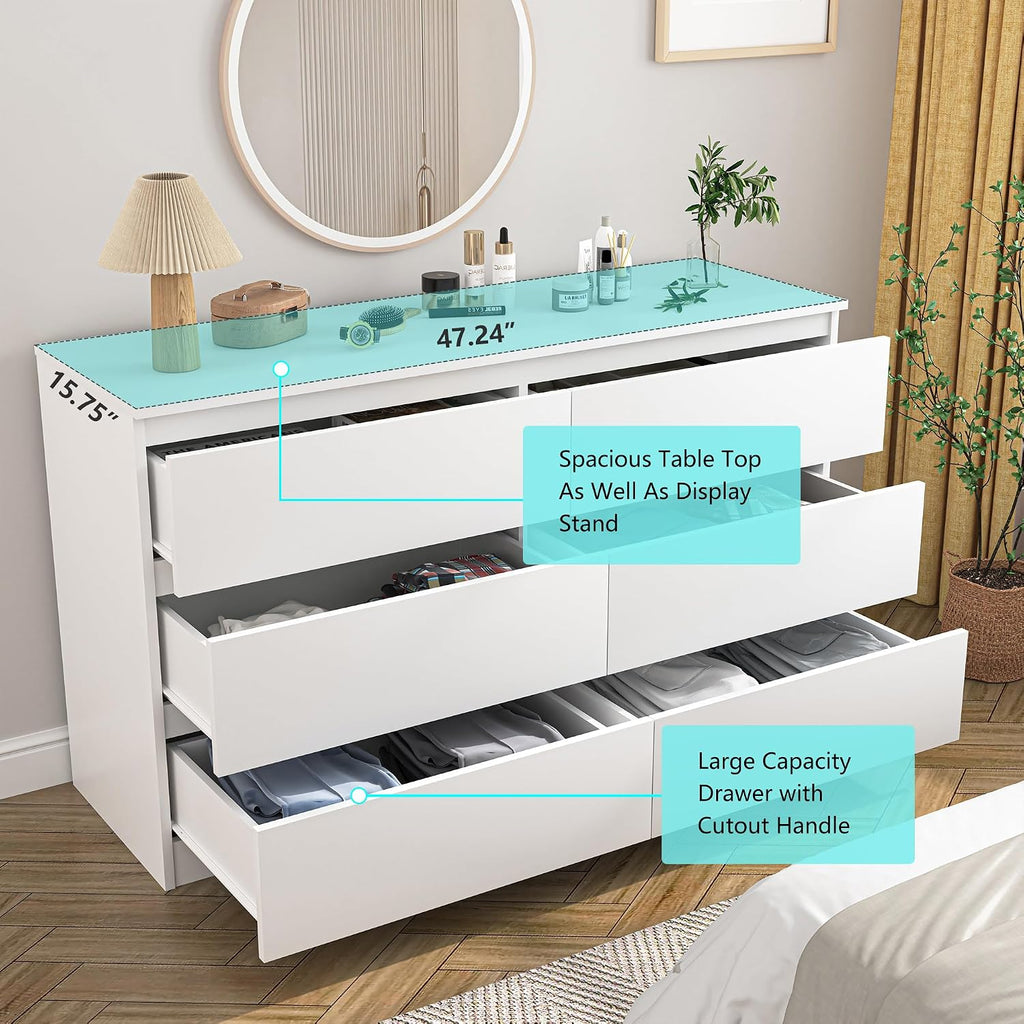 Vibe & Dine White Dresser 6 Drawer, Modern Double Dresser for Bedroom, Wood Chest of Drawers with Wide Storage for Living Room