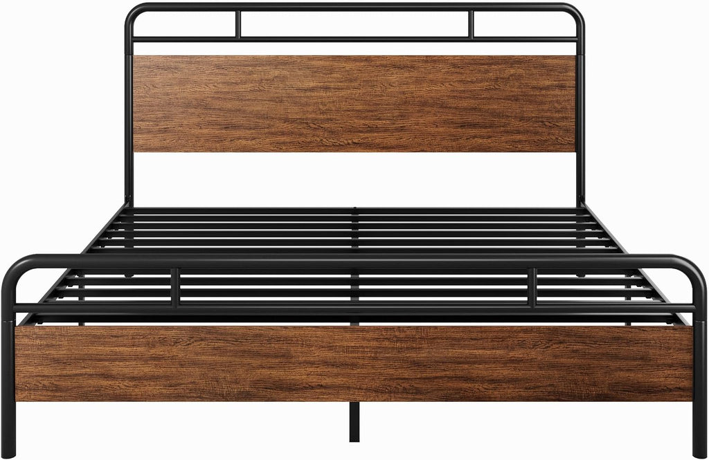SHA CERLIN King Size Bed Frame with Wooden Headboard and Footboard, Rounded Corner Metal Structure, Heavy Duty Slats with Under-Bed Storage, No Box Spring Needed, Walnut