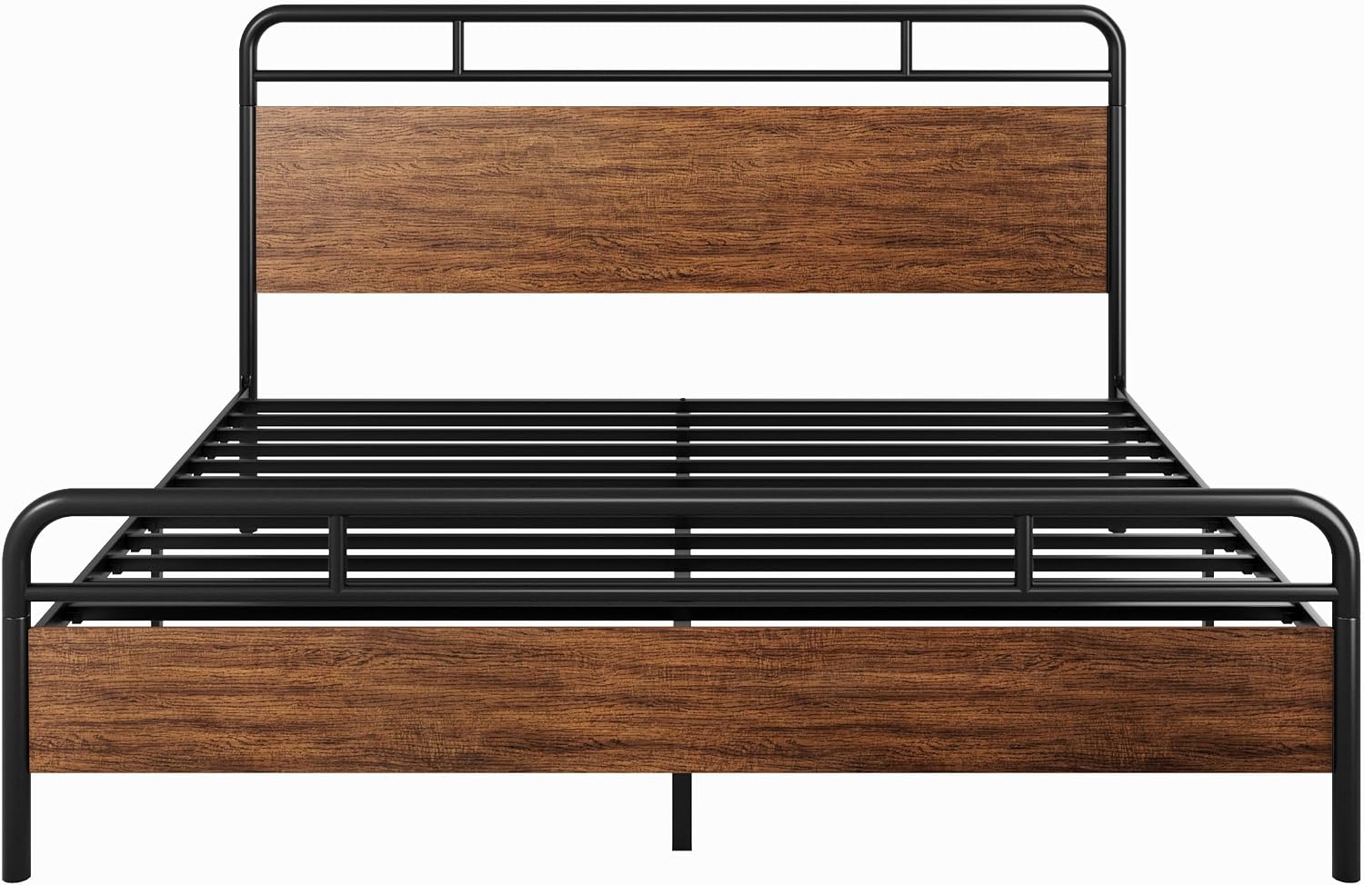 SHA CERLIN King Size Bed Frame with Wooden Headboard and Footboard, Rounded Corner Metal Structure, Heavy Duty Slats with Under-Bed Storage, No Box Spring Needed, Walnut