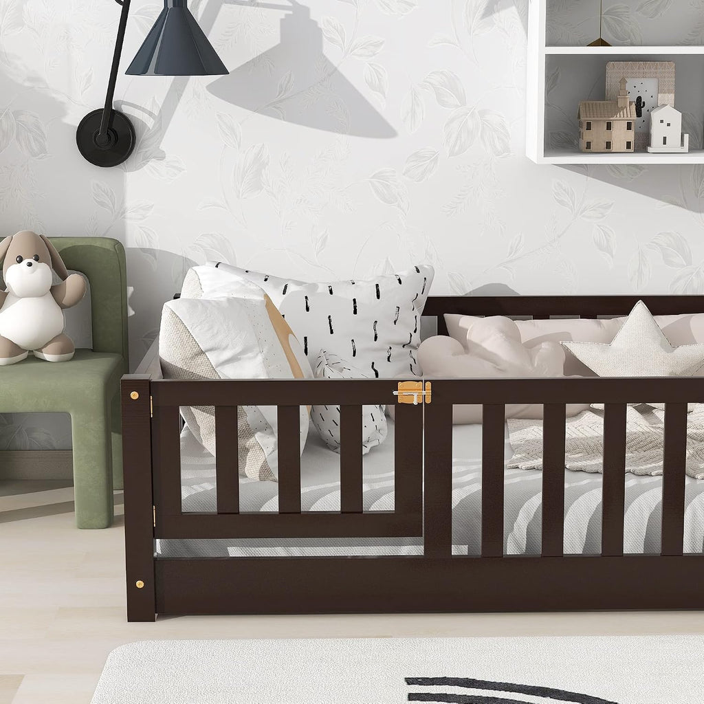 Bellemave Floor Bed for Kids,Twin Size Montessori Floor Bed with Door and Fence,Solid Wood Twin Bed Frame with Removable Slats for Girls Boys,Twin,Espresso