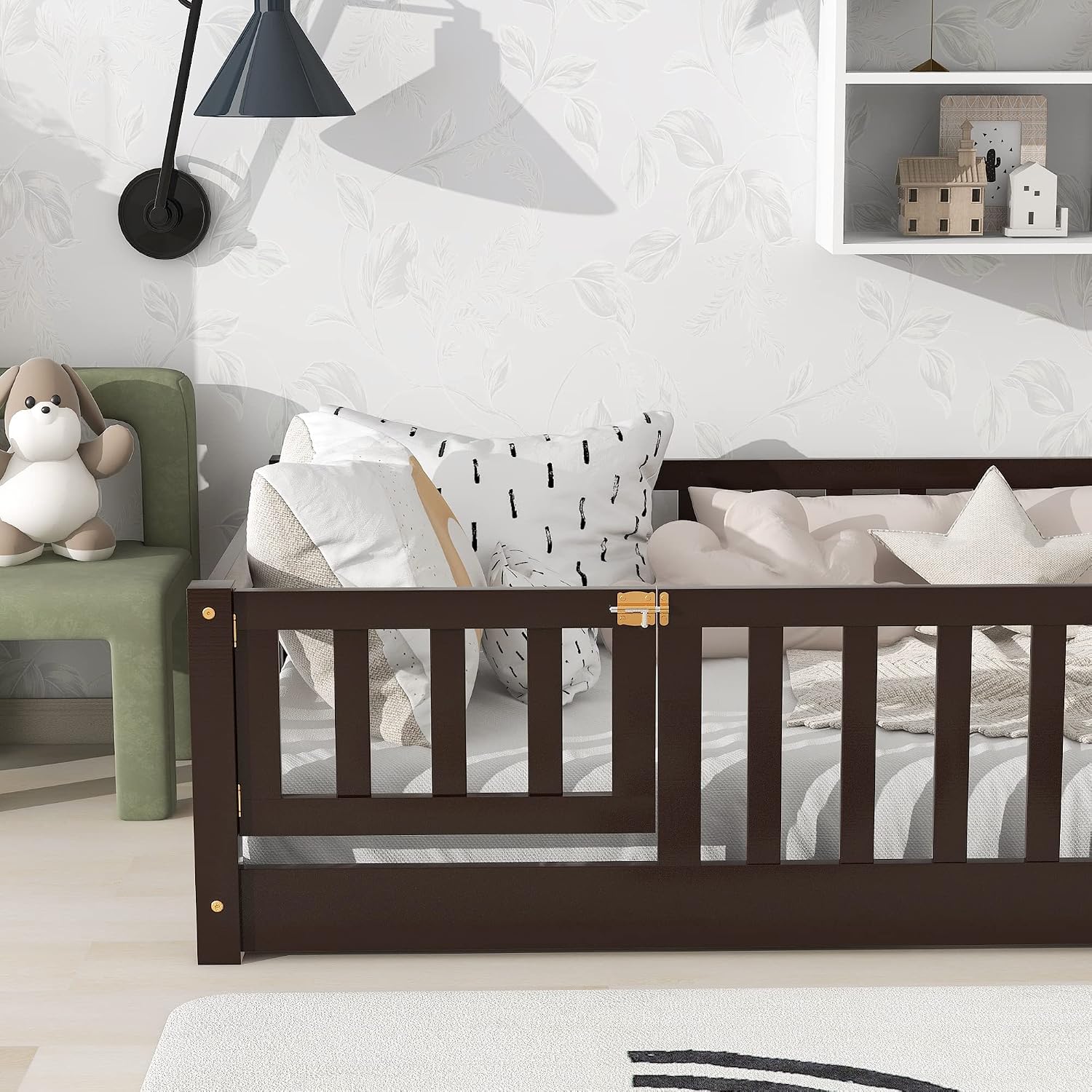 Bellemave Floor Bed for Kids,Twin Size Montessori Floor Bed with Door and Fence,Solid Wood Twin Bed Frame with Removable Slats for Girls Boys,Twin,Espresso