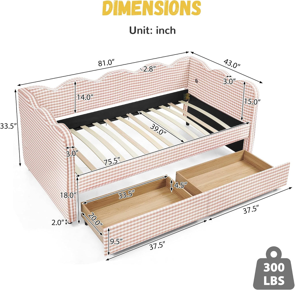 DEINPPA Twin Size Upholstered Daybed with 2 Storage Drawers, Gingham Daybed with USB Ports for Bedroom Living Room Guest Room-Pink