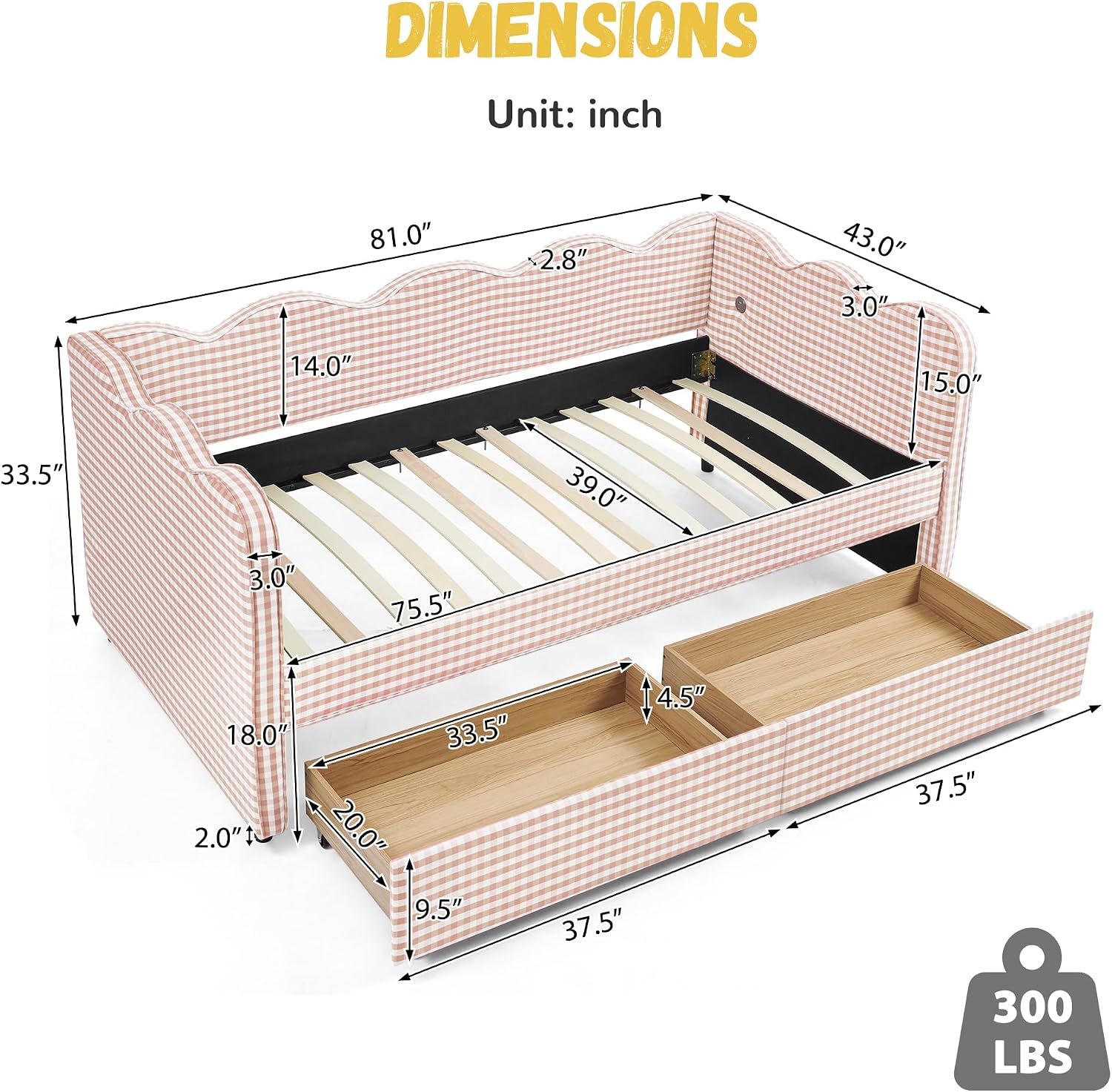 DEINPPA Twin Size Upholstered Daybed with 2 Storage Drawers, Gingham Daybed with USB Ports for Bedroom Living Room Guest Room-Pink