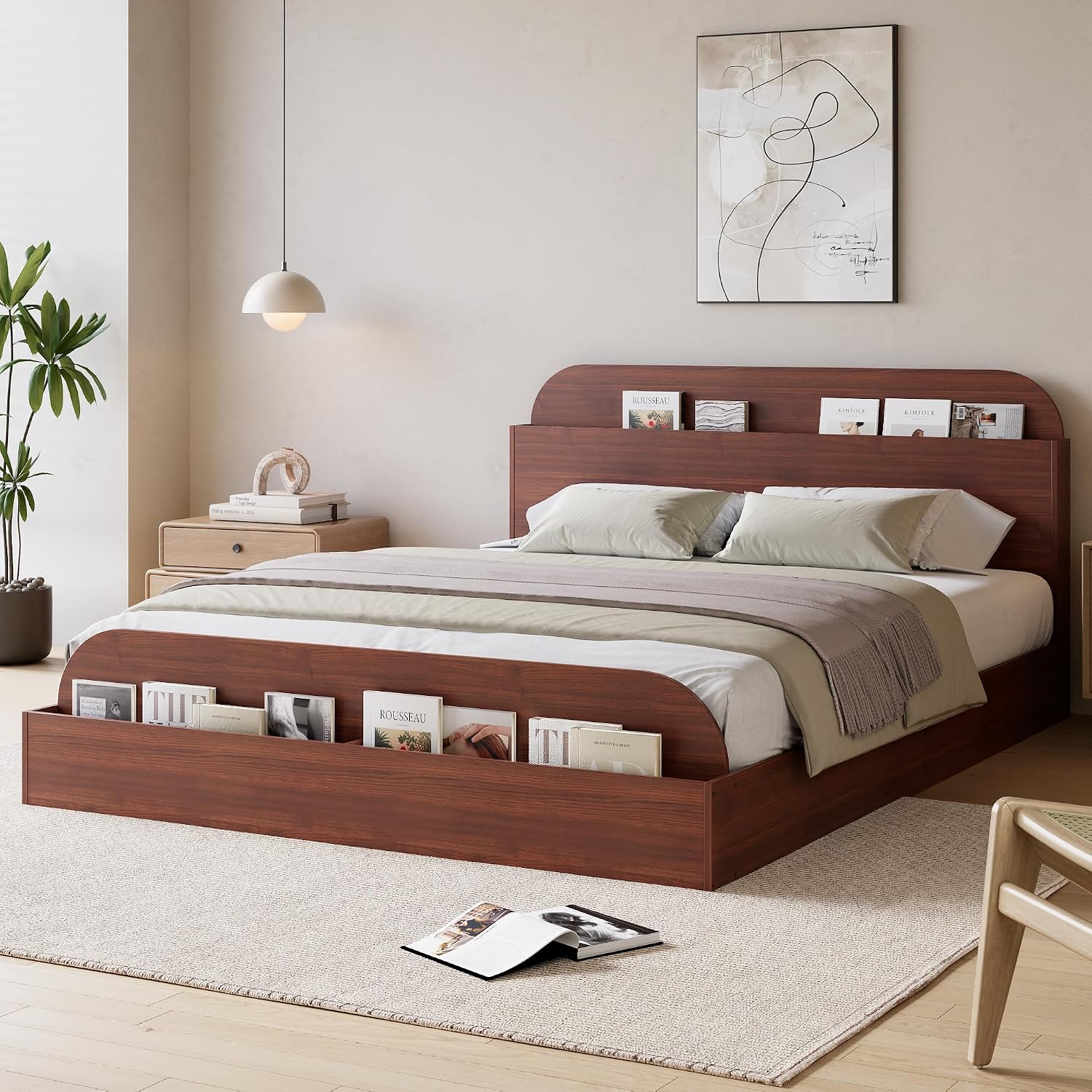 GarveeHome Queen Size Bed Frame, Wooden Beds with Storage Headboard and Raised-Foodboard, Queen-Floor Low Platform Bed for Bedroom, Sturdy Wooden Slats Support, No Box Spring Needed, Espresso