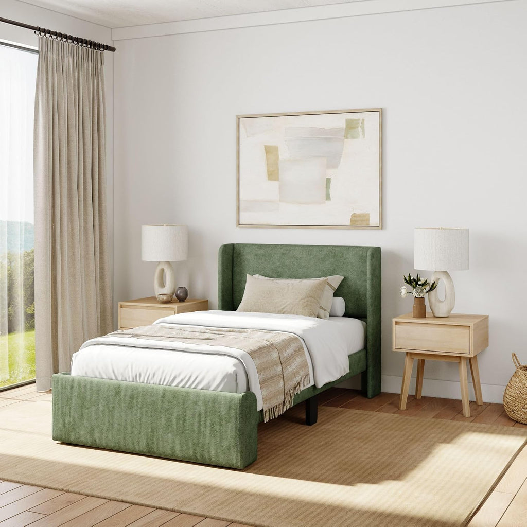 Plank+Beam Upholstered Twin Bed Frame with Rectangular Headboard, Upholstered Platform Bed, No Box Spring Needed, Easy Assembly, Green