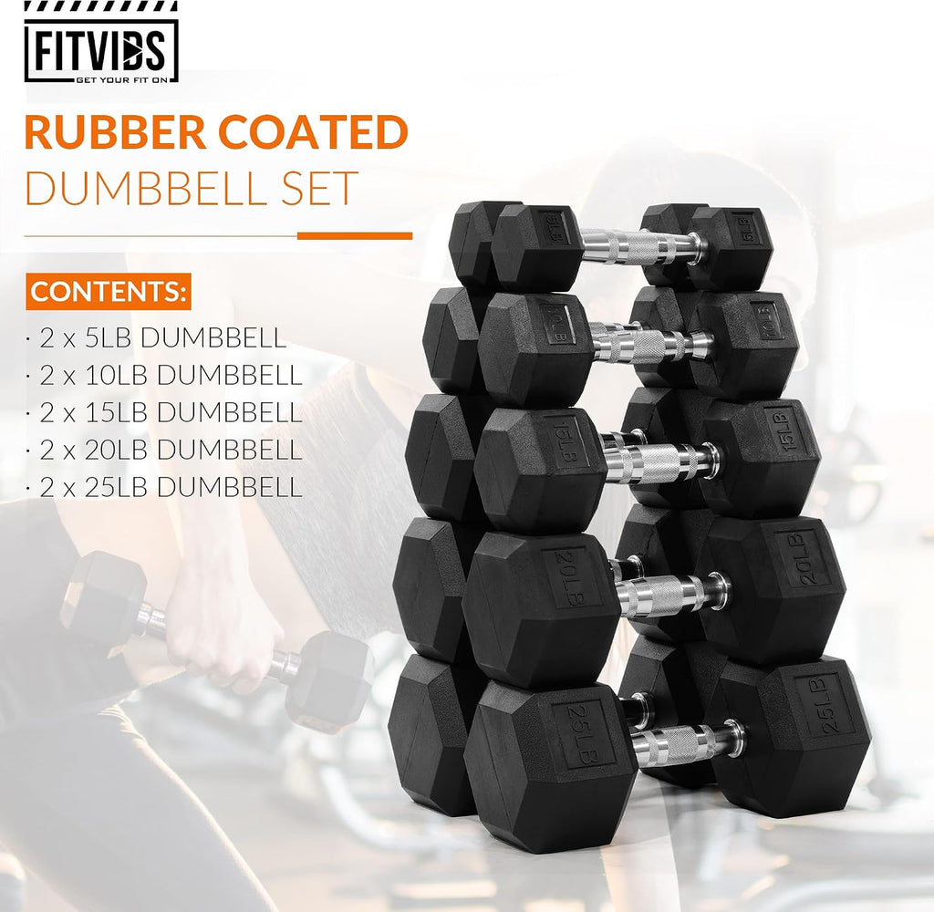 Fitvids Rubber Encased Hex Dumbbell Set Contoured Handle for Muscle Toning, Strength Building & Full Body Workout, 60LB, 100LB, 150LB and 550LB Set