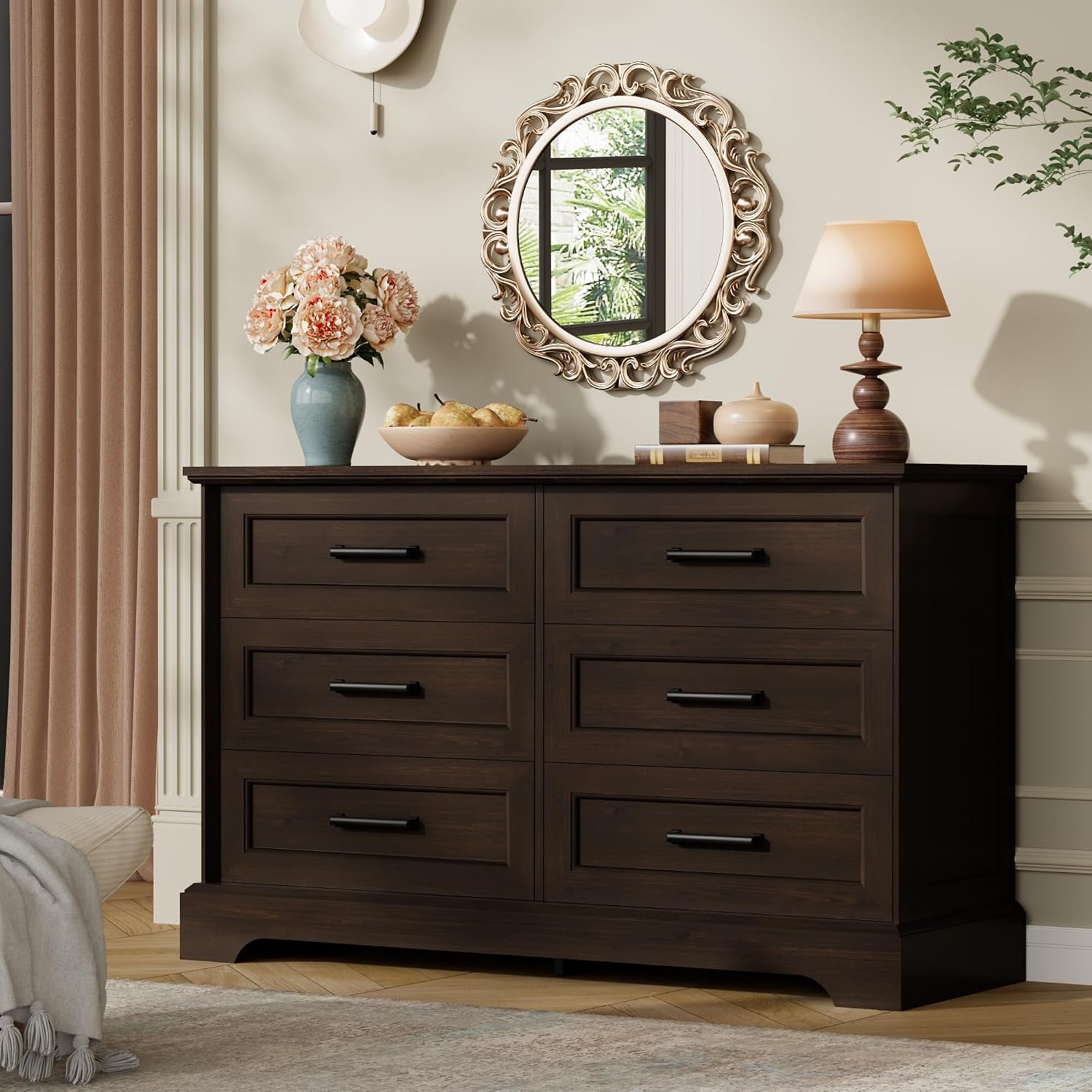 Furmax Farmhouse Dresser for Bedroom, 6 Drawers Dresser, Wood Chest of Drawers, 47.2' Wide Storage Dressers Organizer for Bedroom, Living Room, Dark Brown