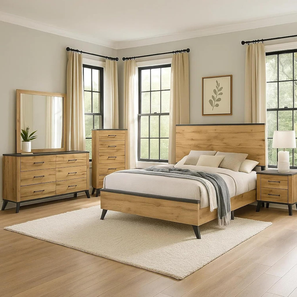 Benzara Wemy 5 Piece Full Size Bed Set, Rustic Brown Pine Wood, Tapered Legs