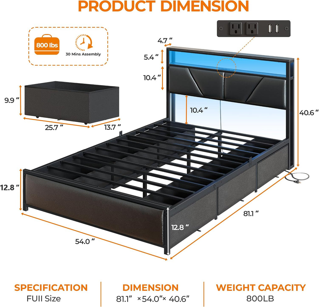 OURPIC Full Size Bed Frame, 6 Fabric Storage Drawers and 2-Tier Headboard, PU Leather Upholstered Platform Bed Frame Full with LED Lights and Charging Station, No Box Spring Needed, Noise Free