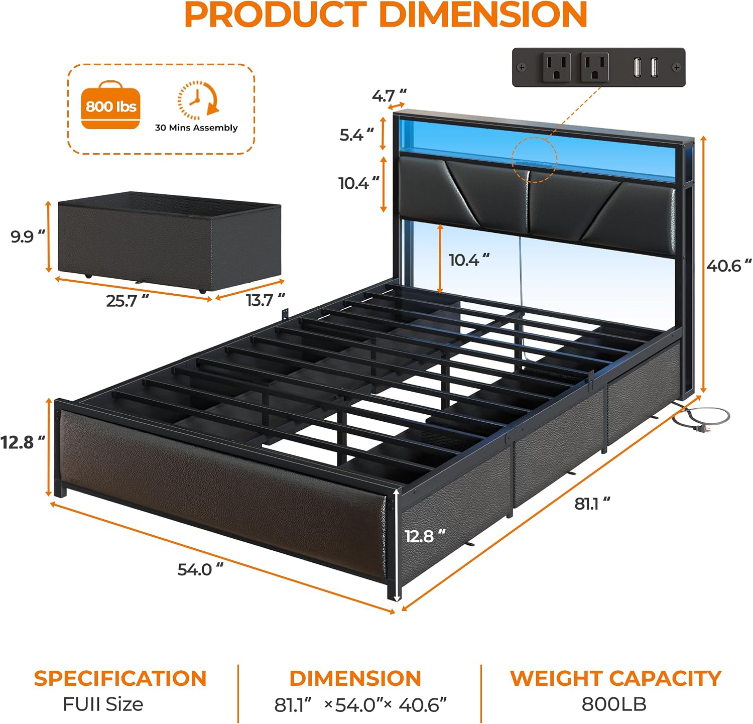OURPIC Full Size Bed Frame, 6 Fabric Storage Drawers and 2-Tier Headboard, PU Leather Upholstered Platform Bed Frame Full with LED Lights and Charging Station, No Box Spring Needed, Noise Free