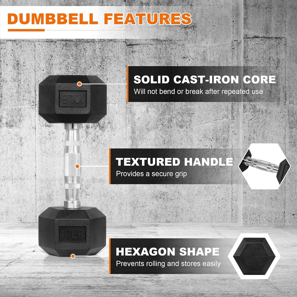 Fitvids Hex Rubber Coated Dumbbells Hand Weights Pairs for Exercises and Fitness and Home Gym, Pairs