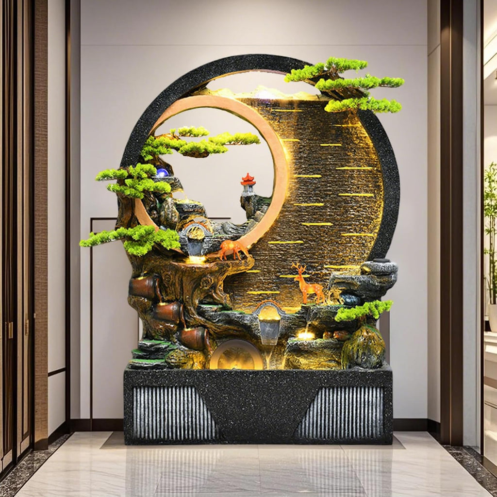 Indoor Outdoor Resin Fountain with LED Light Ring – Round Landscape Waterfall Feature with Pump, Bonsai & Gourd Decor – 6.07ft Tall Large Decorative Water Sculpture(B Small)