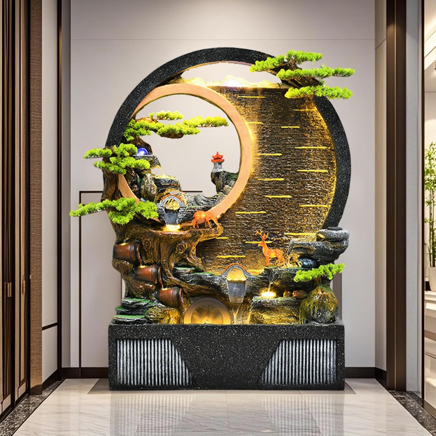 Indoor Outdoor Resin Fountain with LED Light Ring – Round Landscape Waterfall Feature with Pump, Bonsai & Gourd Decor – 6.07ft Tall Large Decorative Water Sculpture(B Small)