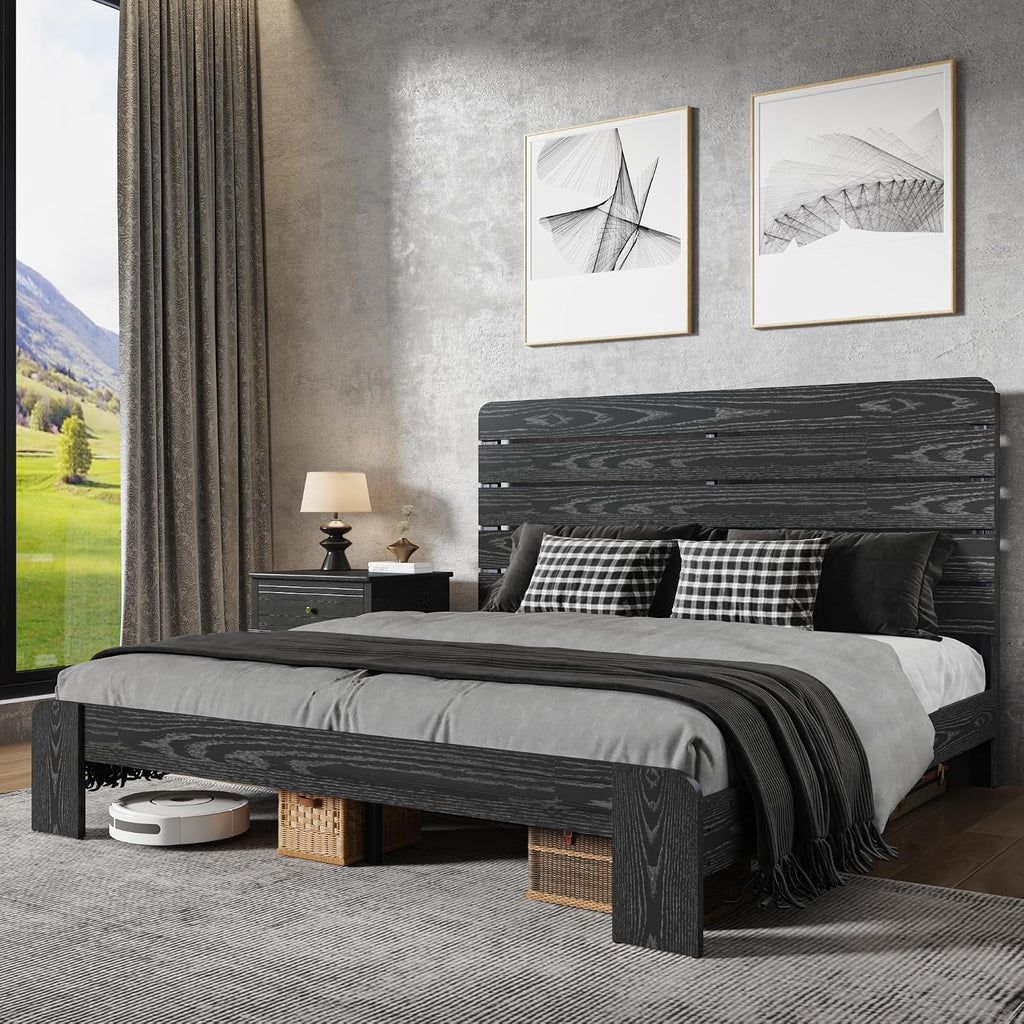 King Size Wooden Bed Frame with Headboard, Industrial Platform Bedframe with Wood Slat Support, Sturdy and No Noise, Easy Assembly (Black, King)