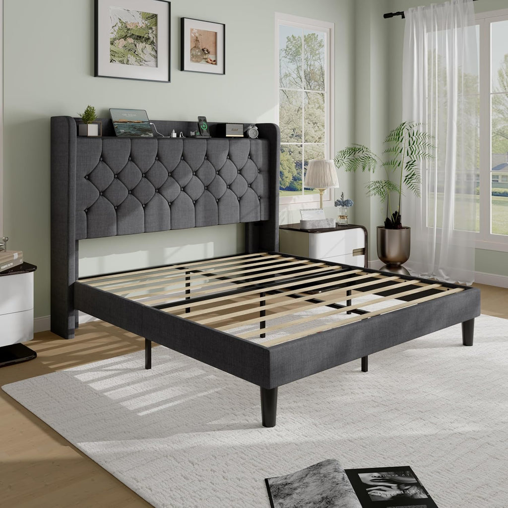 SHA CERLIN Full Size Platform Bed Frame with Charging Station, Linen Wingback Headboard with Storage Shelf, Wooden Slats Support, Ample Under-Bed Space, No Box Spring Needed, Easy Assembly, Dark Grey