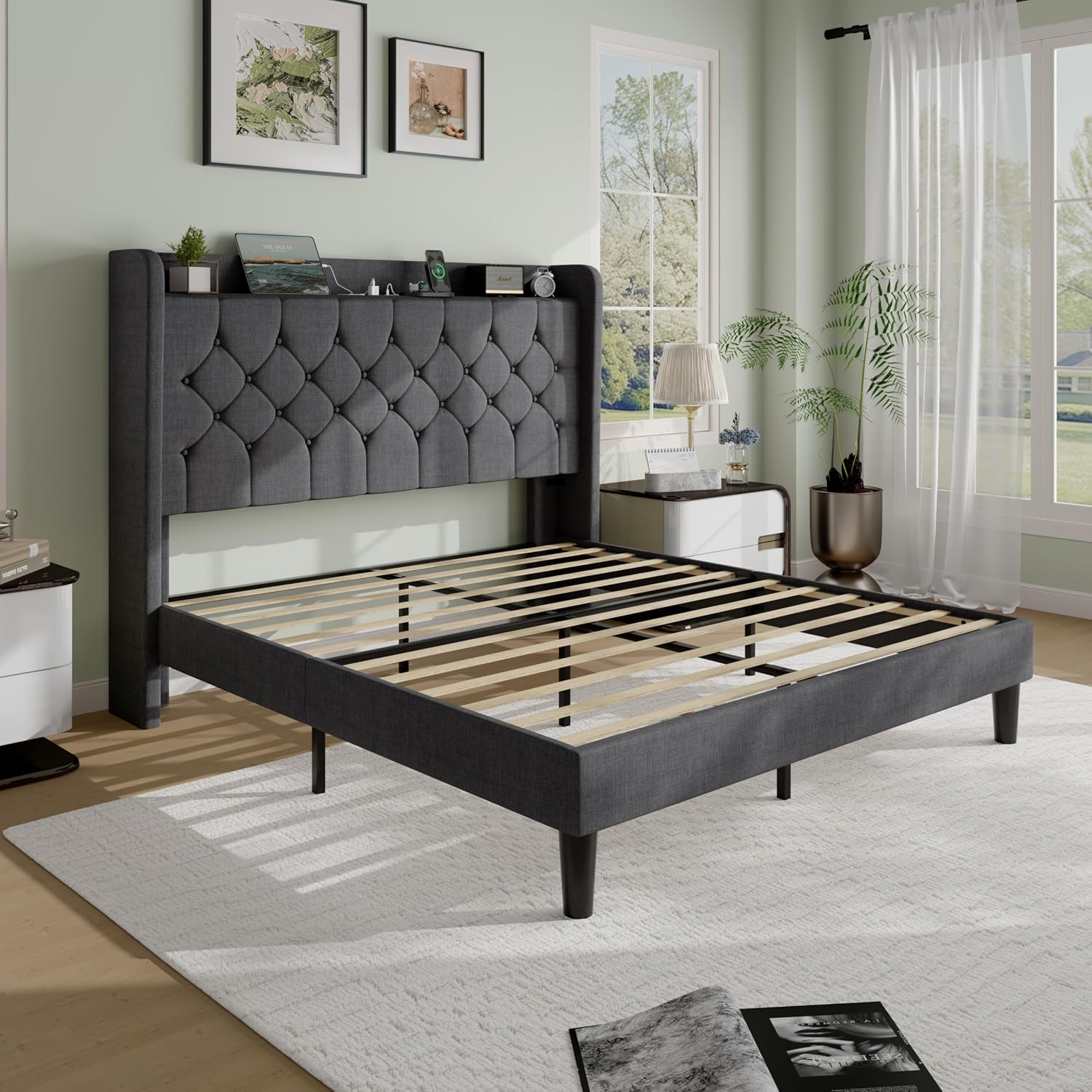 SHA CERLIN Full Size Platform Bed Frame with Charging Station, Linen Wingback Headboard with Storage Shelf, Wooden Slats Support, Ample Under-Bed Space, No Box Spring Needed, Easy Assembly, Dark Grey