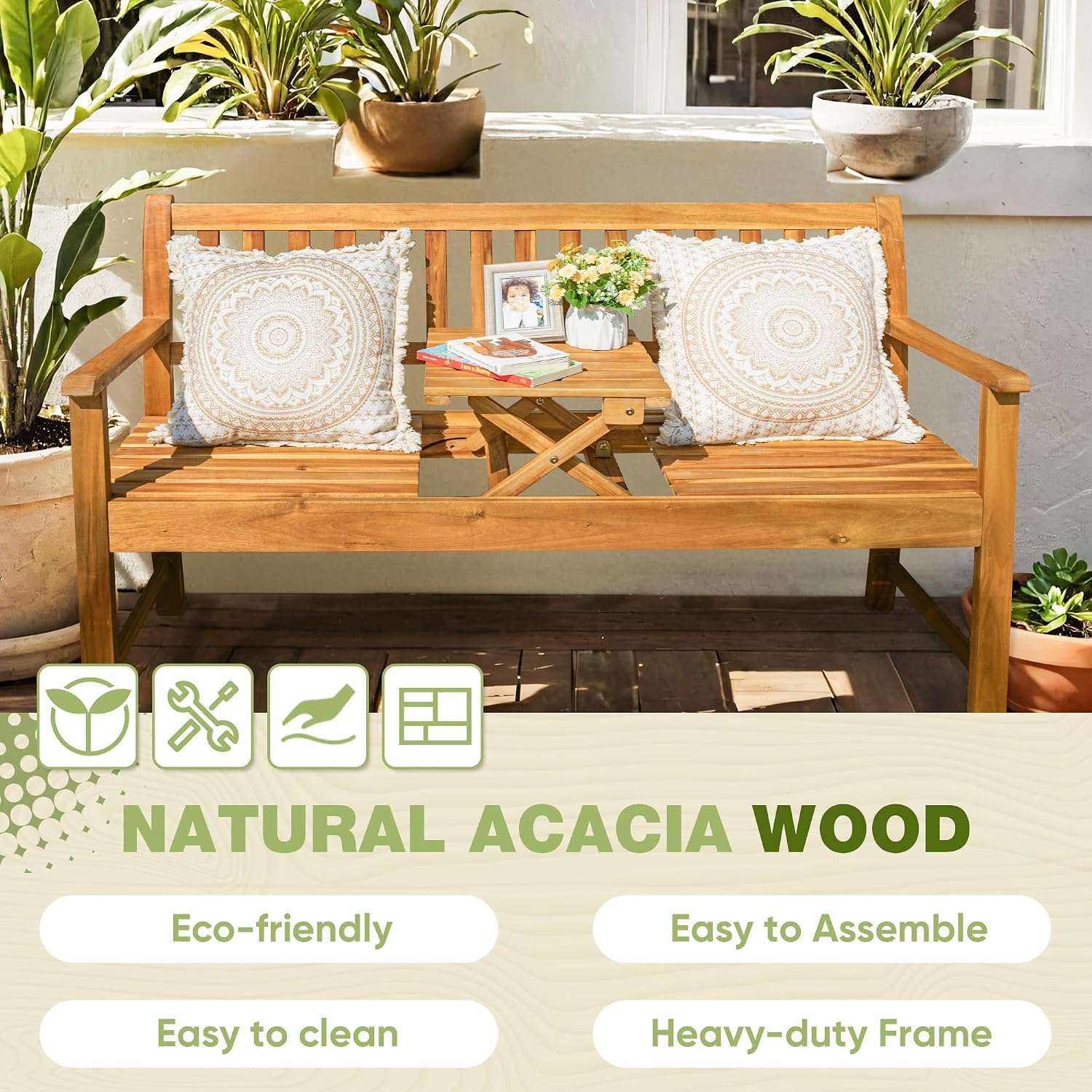Greesum Outdoor Bench 2-Person Acacia Garden Chair Patio Porch Furniture with Foldable Small Table Plate for Deck, Yard, Balcony, Natural