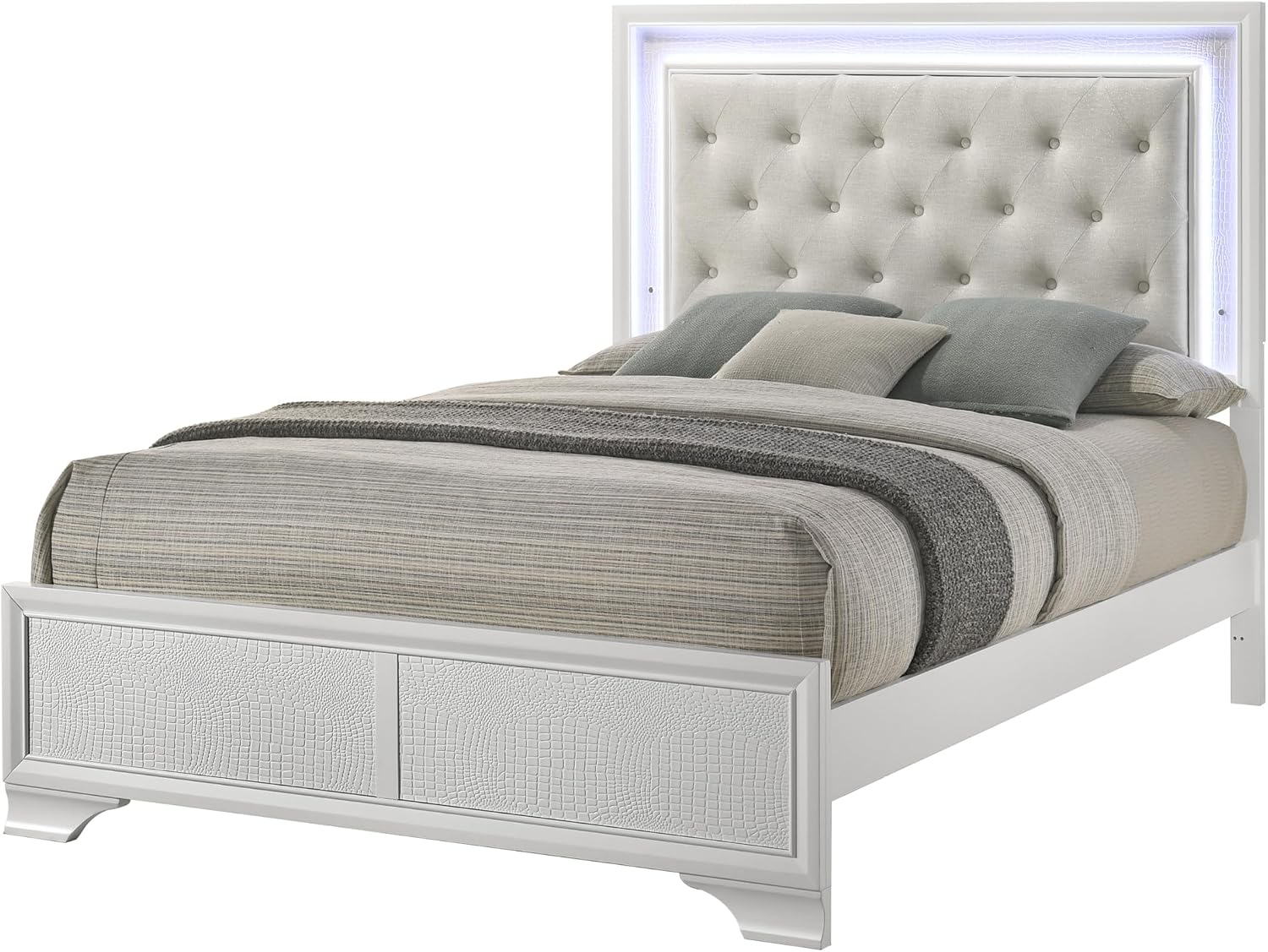 Modern Crisp White Textured Finish Tufted Headboard Integrated LED Lighting Full Size Bed Set 3pc Bedroom Furniture