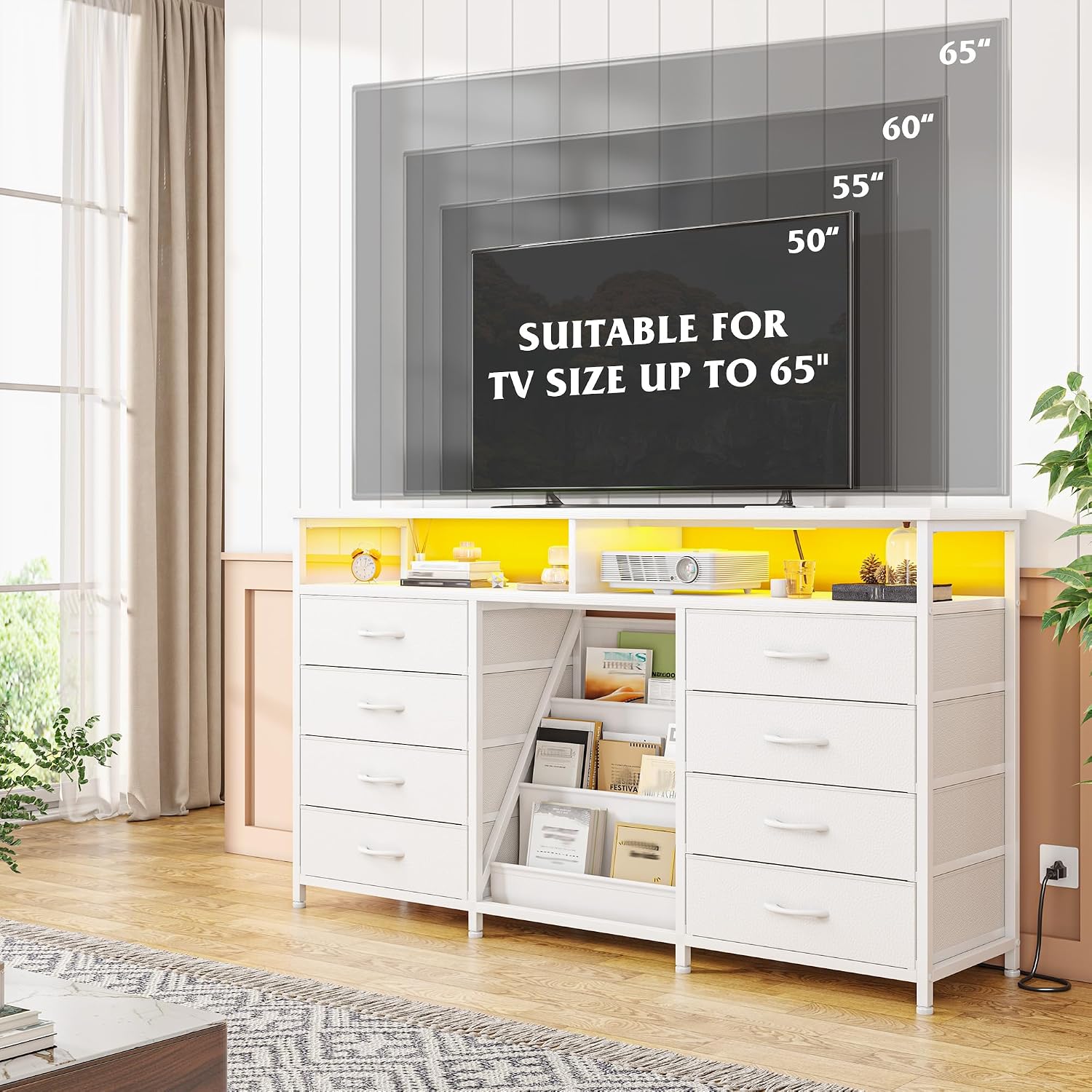 EnHomee 55 ' W Dresser for Bedroom with Bookrack & 8 Fabric Drawers, Dresser TV Stand with Power Outlet & LED Lights for 65 Inch TV, Chest of Drawers for Cabinet, Entryway, White