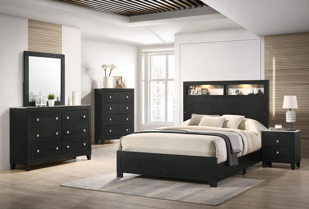 Modern 4Pc Black Finish King LED Light Headbaord Panel Bed Marble Look Accent Set Bedroom Solid Wood Wooden Furniture