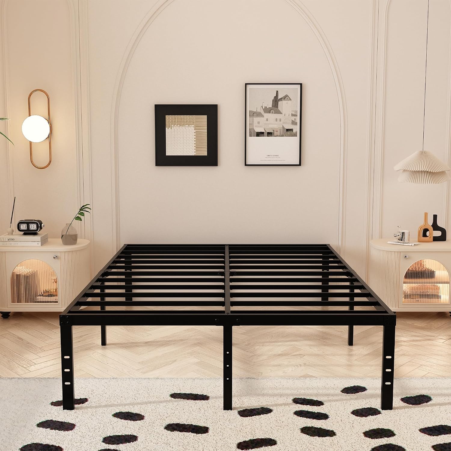 Maenizi Queen Bed Frame with Fabric Cover 18 Inch, Heavy Duty Metal Bed Frame Queen Size, No Box Spring Needed, Support Up to 3000 lbs, Easy Assembly, Noise Free, Black