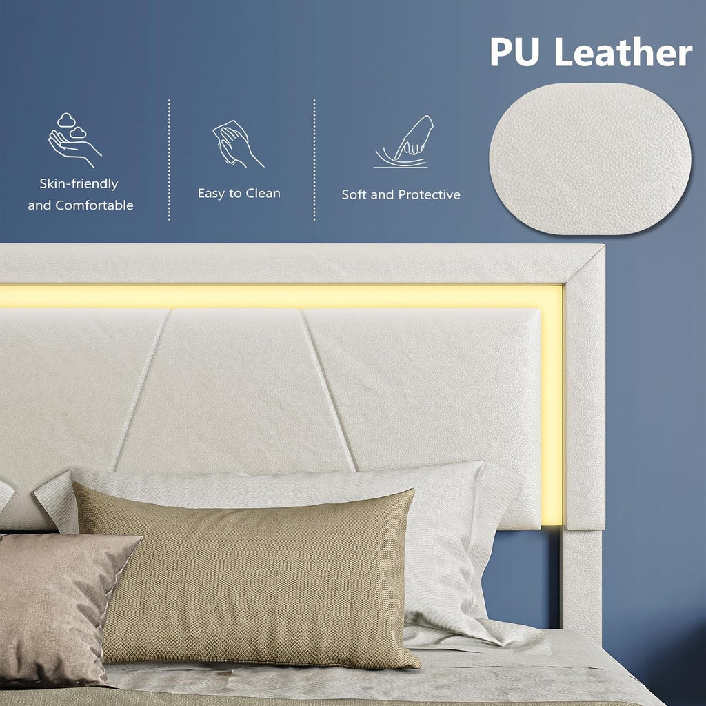 Queen Bed Frame with Adjustable Headboard, Upholstered Platform Bed with RGB LED Lights, 4 Storage Drawers & Charging Station (1 USB 1 Type-C), PU Leather Headboard, Noise-Free, No Box Spring Needed