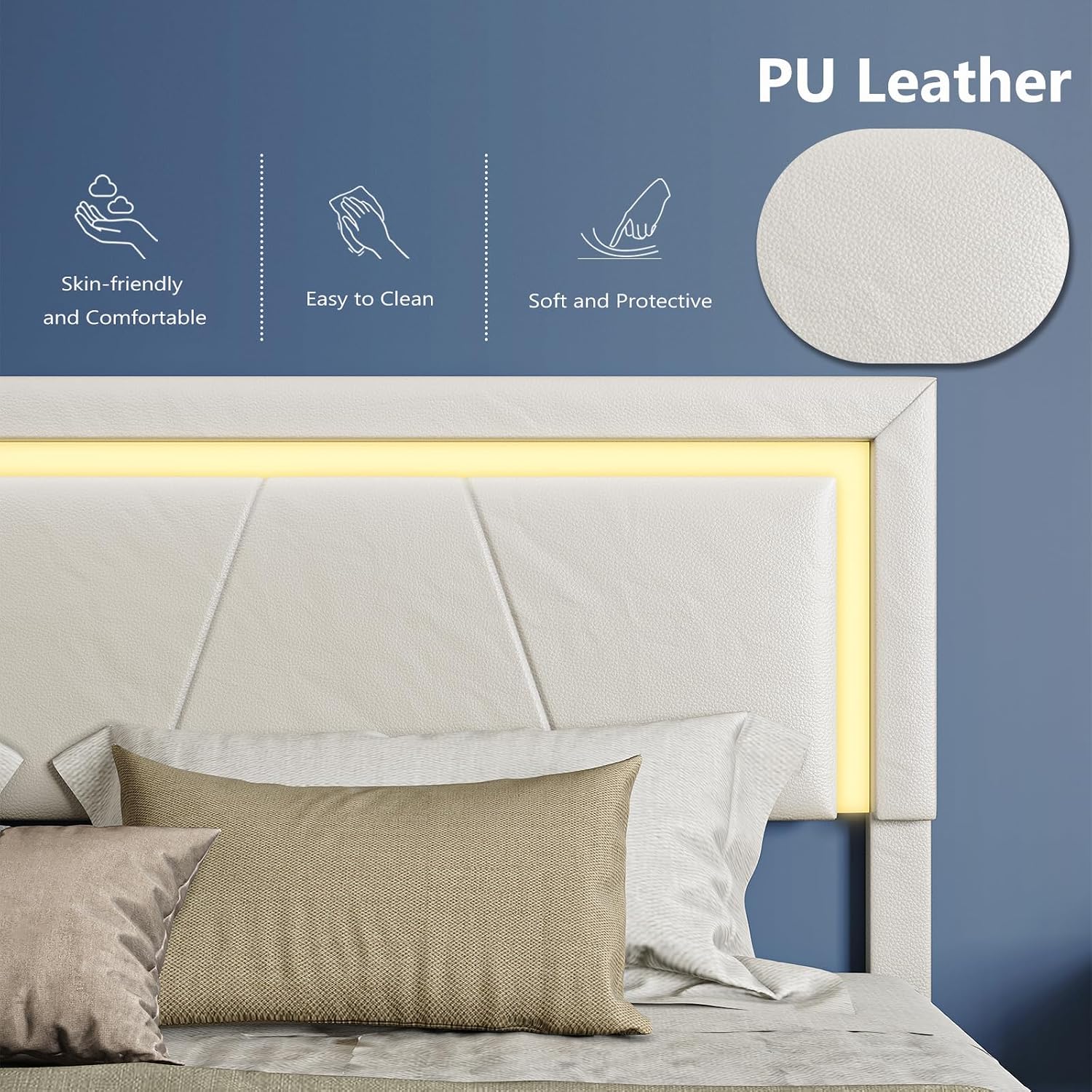Queen Bed Frame with Adjustable Headboard, Upholstered Platform Bed with RGB LED Lights, 4 Storage Drawers & Charging Station (1 USB 1 Type-C), PU Leather Headboard, Noise-Free, No Box Spring Needed