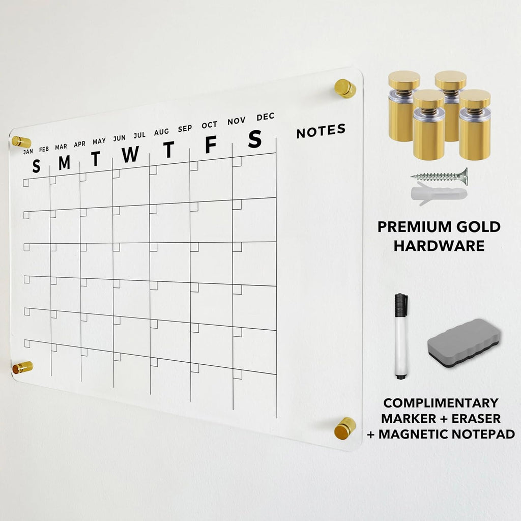 Acrylic Wall Premium Calendar with Black Hardware - Monthly and Weekly Board Family Planner - Dry Erase Calendar Family Calendar - Marker (Gold Standoff, 36'x24' (Large))