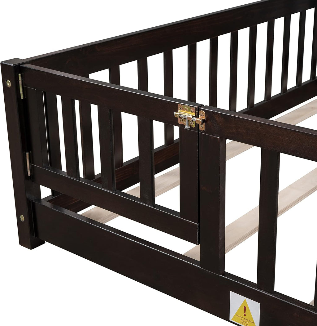 Queen Size Floor Bed with Door and Fence for Kids, Montessori Floor Bed with Slats and Safety Guardrails,Solid Wood Queen Bed Frame for Girls Boys(Queen,Espresso)