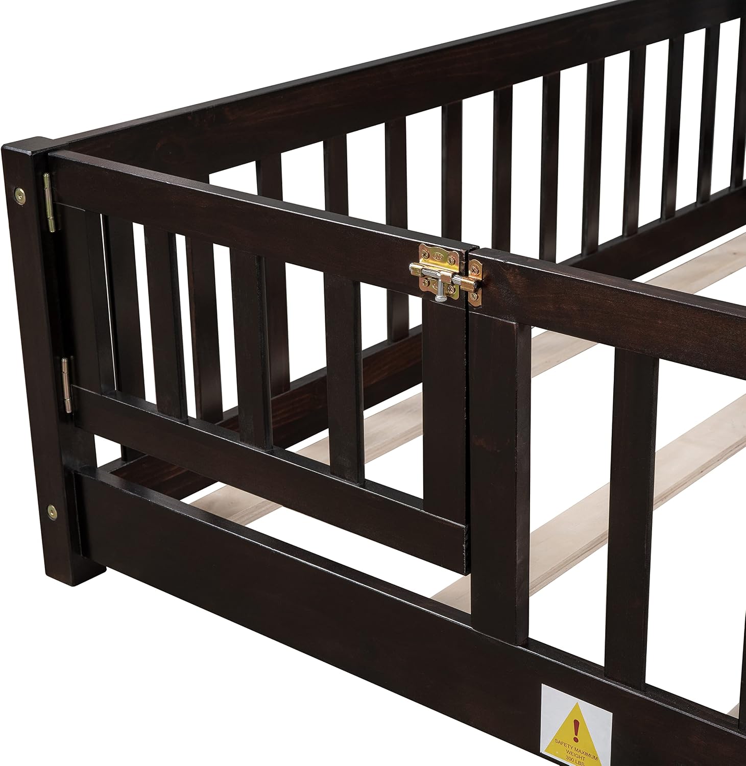 Queen Size Floor Bed with Door and Fence for Kids, Montessori Floor Bed with Slats and Safety Guardrails,Solid Wood Queen Bed Frame for Girls Boys(Queen,Espresso)