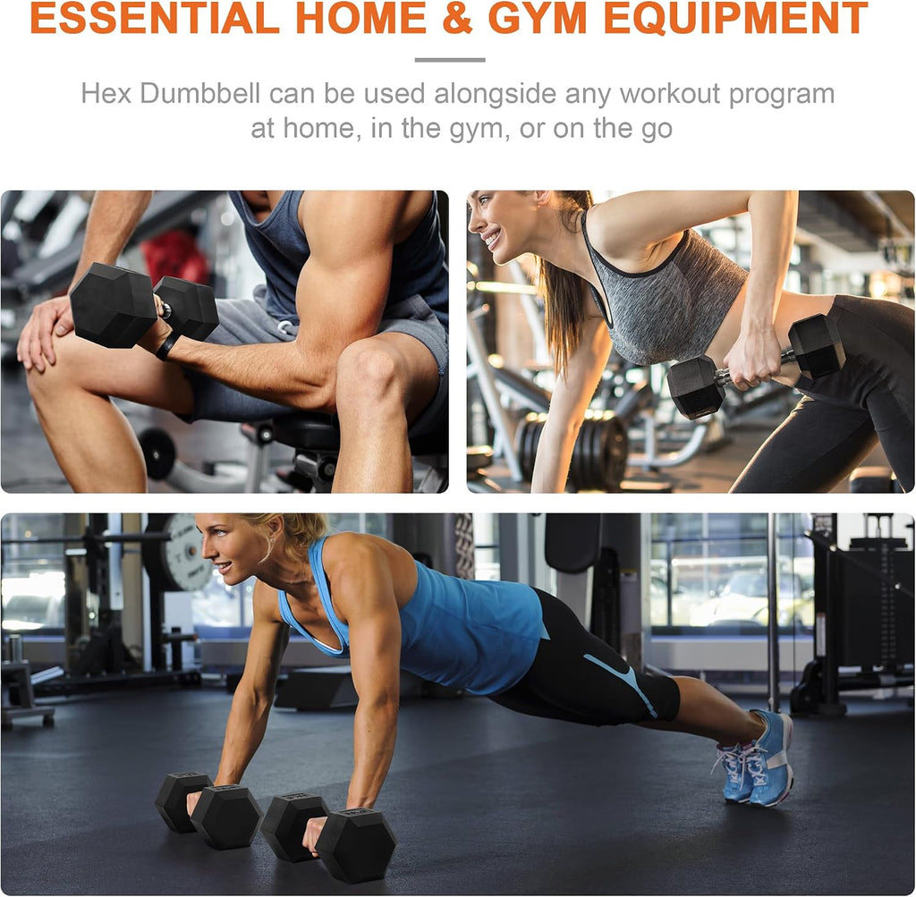 Fitvids Hex Rubber Coated Dumbbells Hand Weights Pairs for Exercises and Fitness and Home Gym, Pairs