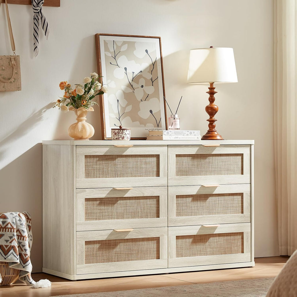 LEYAOYAO Rattan Dresser and Nightstand Sets 3 Piece, Boho Wood Dresser for Bedroom with 6 Drawers and Night Stand with 3 Drawer, Bedroom Furniture, Dressers & Chests of Drawers, Living Room, Hallway