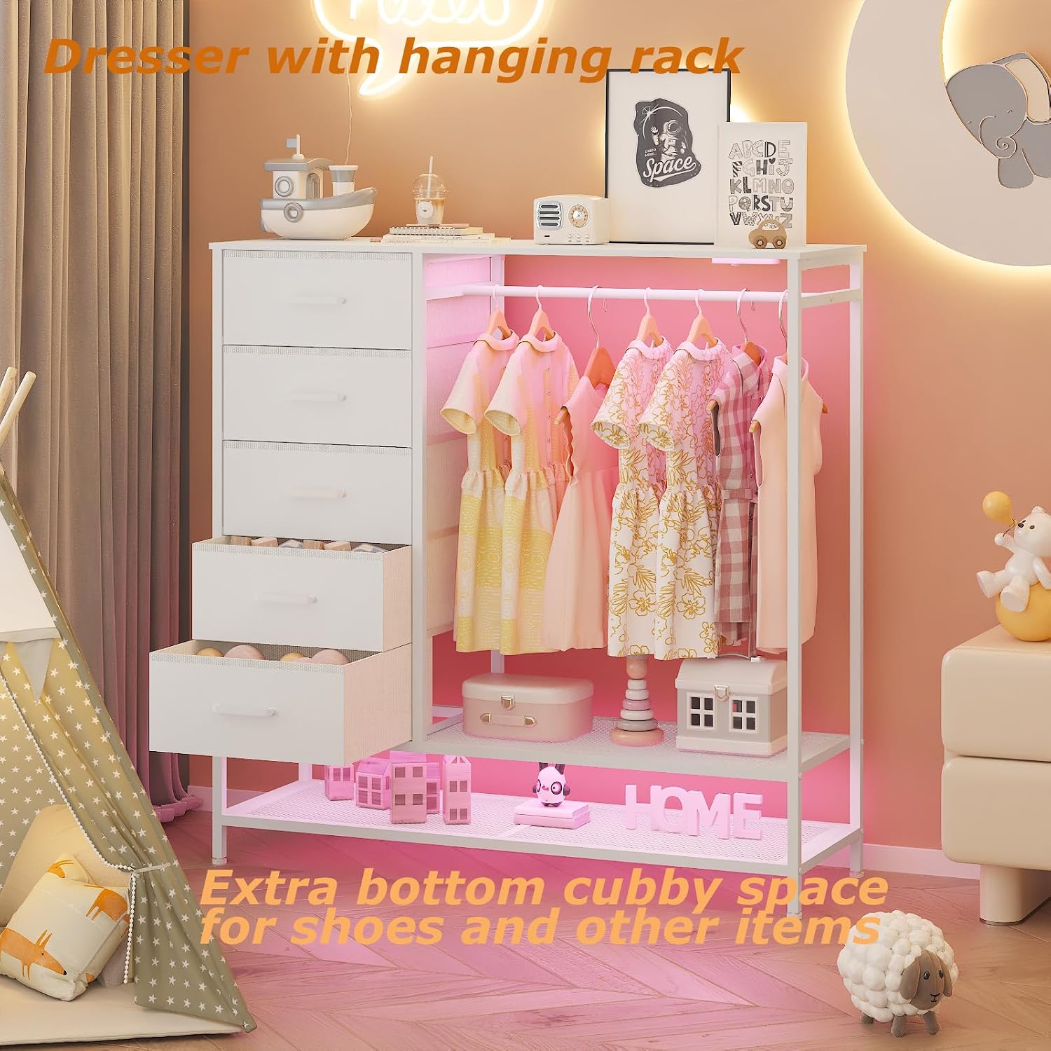 Dresser for Bedroom, Dresser with Hanging Rack Led Lights and Charging Station, White Bedroom Dresser with 5 Fabric Chest of Drawers with PU Finish Storage Organizer, for Living Room Hallway, White