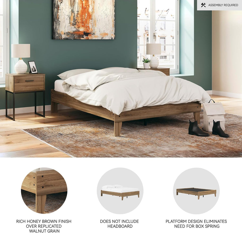 Signature Design by Ashley Deanlow Mid-Century Modern Full Platform Bed with Metal Slats and Center Support Legs, Dark Brown