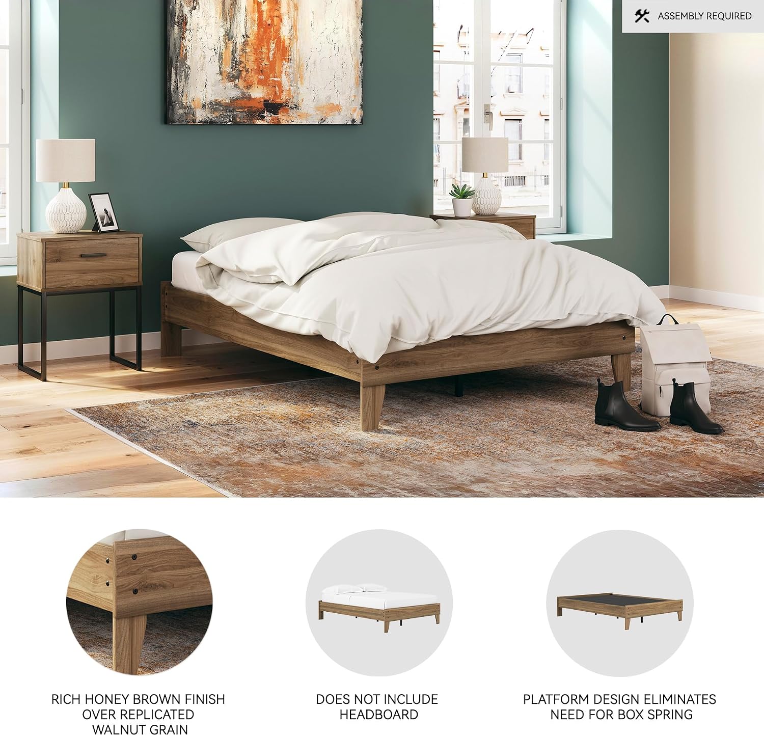 Signature Design by Ashley Deanlow Mid-Century Modern Full Platform Bed with Metal Slats and Center Support Legs, Dark Brown