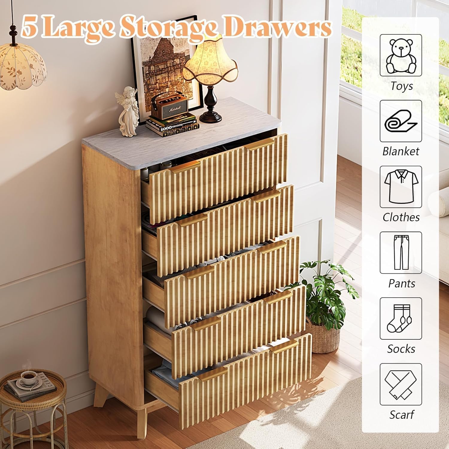 AMERLIFE 2 Piece Bedroom Set, Including Fluted 6 Drawers Dresser with Faux Marble Top, 48' Tall Modern 5 Chest of Drawers for Bedroom, Living Room, Hallway, Entryway, Natural Oak