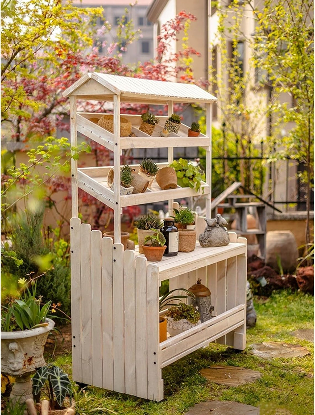 Potting Bench Table with Wheels, Wooden Garden Potting Table Work Table Workstation with 2 Tier Display Rack/Storage Shelf