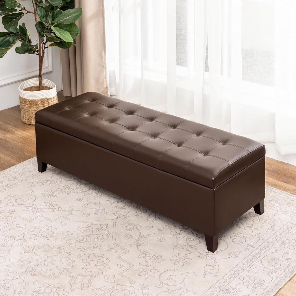 51-Inch Tufted Storage Ottoman Bench, Faux Leather Upholstered Footrest with Large Capacity, Modern End of Bed Bench for Bedroom, Living Room, Brown