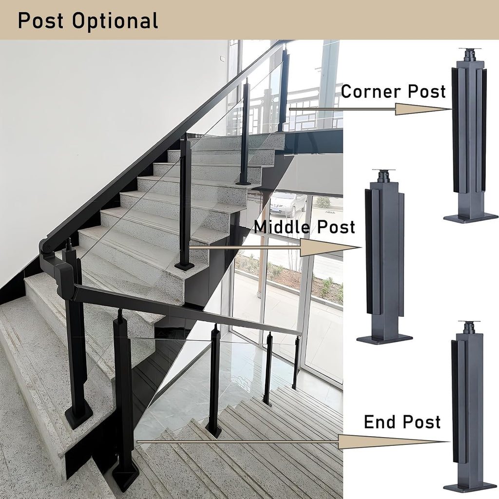 Stairs Railing Post for Square Handrail, Glass Railing Post System for 10mm 12mm Toughened Glass, Stair Landing Entryway Gate Glass Black Railing Posts(Black End Post,65cm/25.5in)