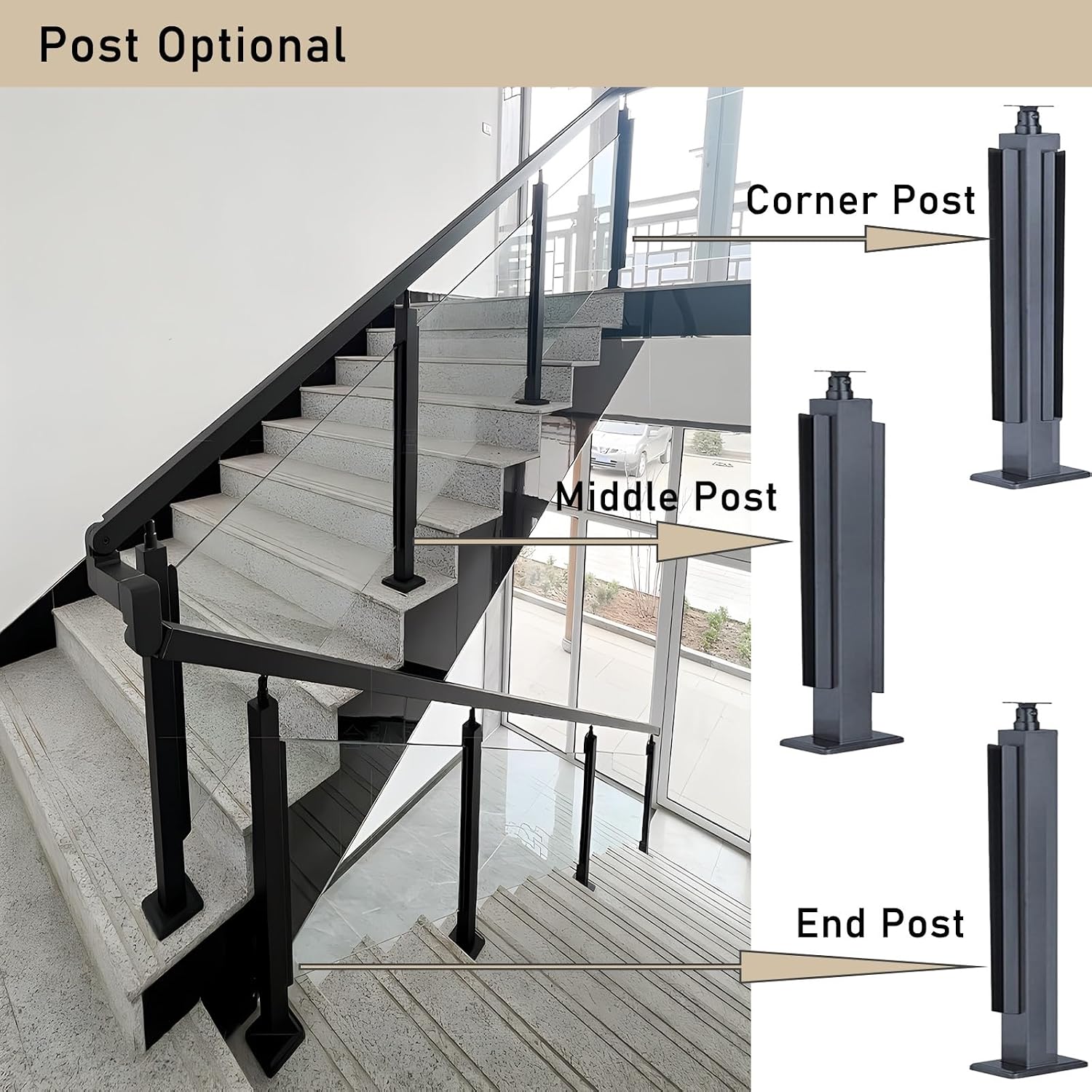 Stairs Railing Post for Square Handrail, Glass Railing Post System for 10mm 12mm Toughened Glass, Stair Landing Entryway Gate Glass Black Railing Posts(Black End Post,65cm/25.5in)