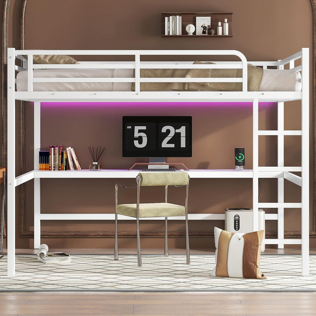 Bellemave Metal Queen Size Loft Bed with Desk and Charging Station,Heavy Duty Loft Bed Frame with LED Lights and USB for Kids,Teens,Adults,Queen Size,White